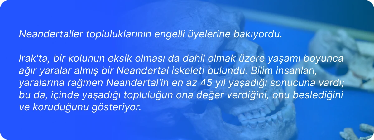 Neandertaller topluluklarının engelli üyelerine bakıyordu.  Irak'ta, bir kolunun eksik olması da dahil olmak üzere yaşamı boyunca ağır yaralar almış bir Neandertal iskeleti bulundu. Bilim insanları, yaralarına rağmen Neandertal'in en az 45 yıl yaşadığı sonucuna vardı; bu da, içinde yaşadığı topluluğun ona değer verdiğini, onu beslediğini ve koruduğunu gösteriyor.